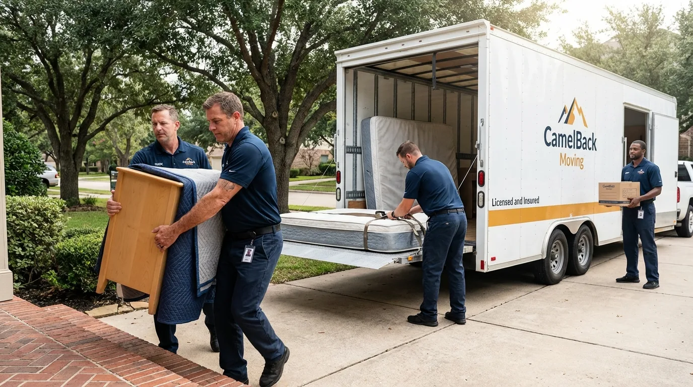 Crew loading residential truck for cross-state move from Van, TX