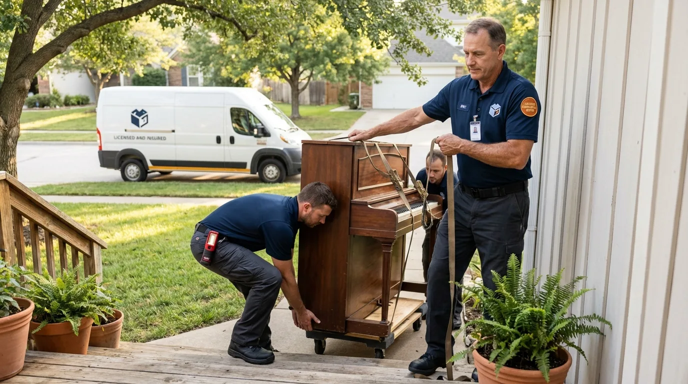 Licensed piano movers securing grand piano in Van, TX