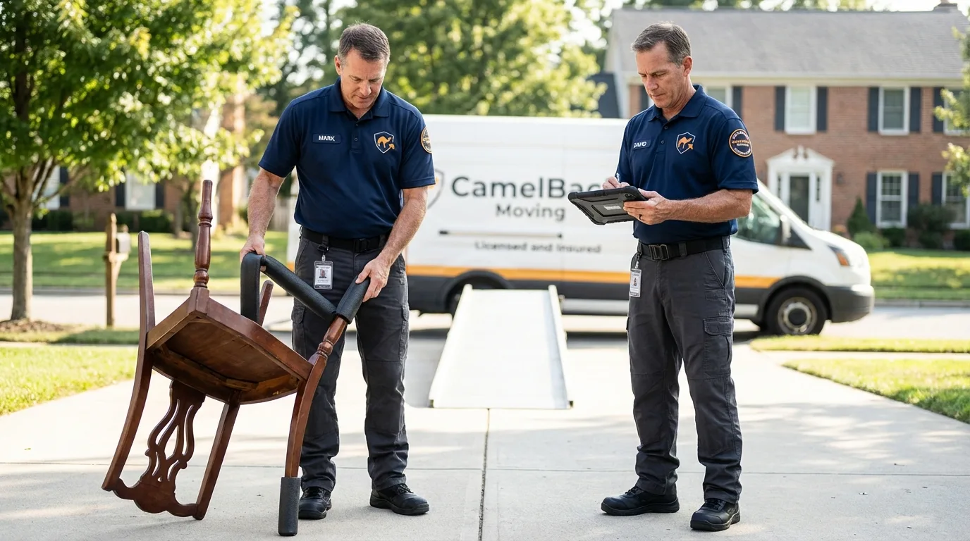 Movers inspecting furniture for damage prevention before loading in Van, TX