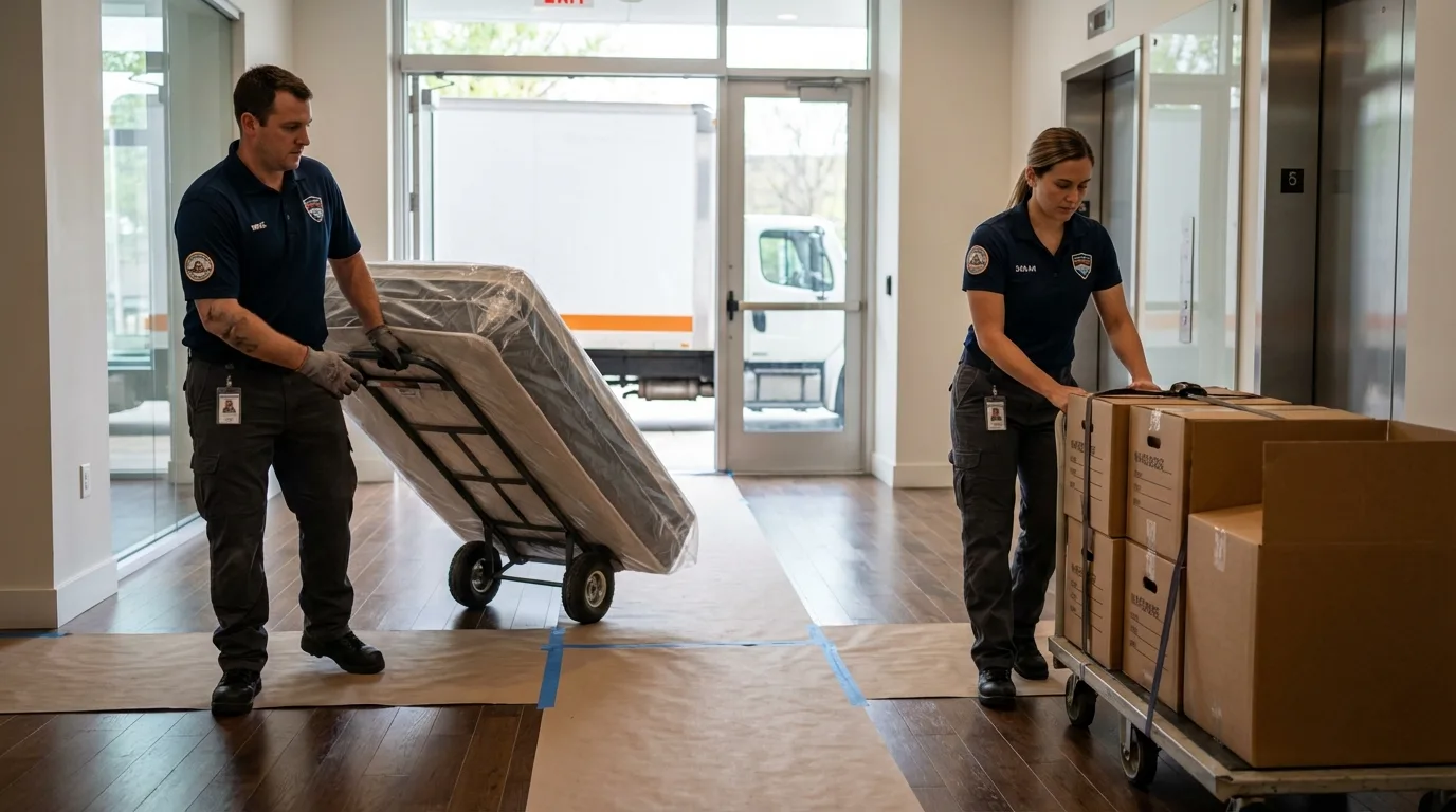 Professional apartment movers loading elevator in Van, TX
