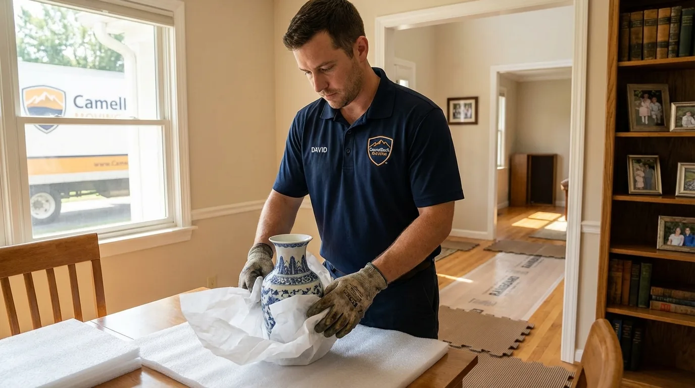 Professional crew carefully wrapping antique vase for senior downsizing move in Van, TX